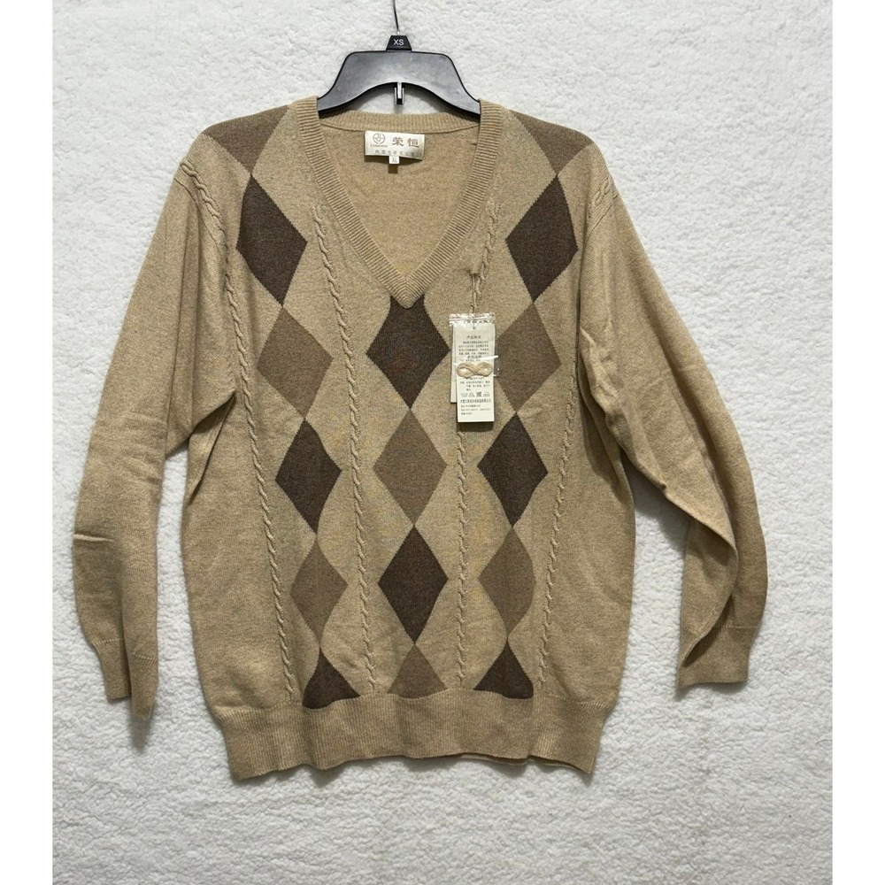 Rongheng Mens‎ Cashmere Wool Silk Argyle V-Neck Sweater XL Tan Brown